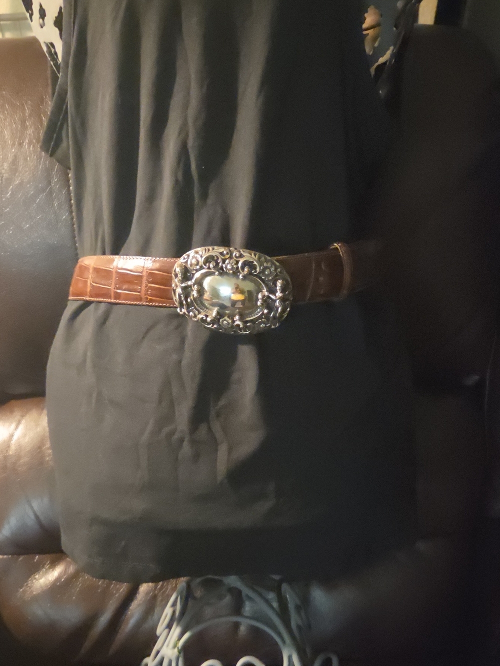 Brighton Brown Croc-Embossed Leather Belt with Cupid Silver Buckle.